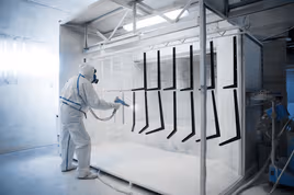 Employee spraying metal parts with a surface finish