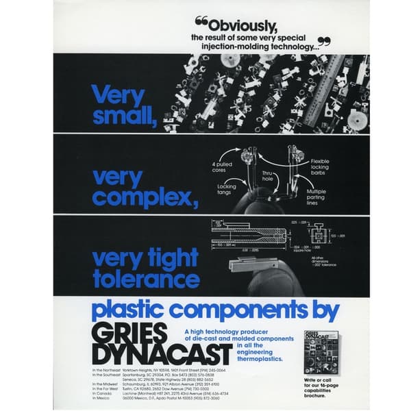 Advertisement for Dynacast building multi-slide plastics machines
