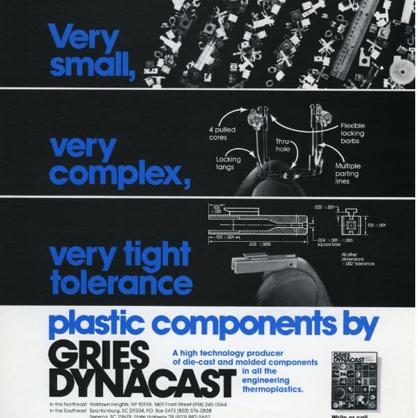 Advertisement for Dynacast building multi-slide plastics machines