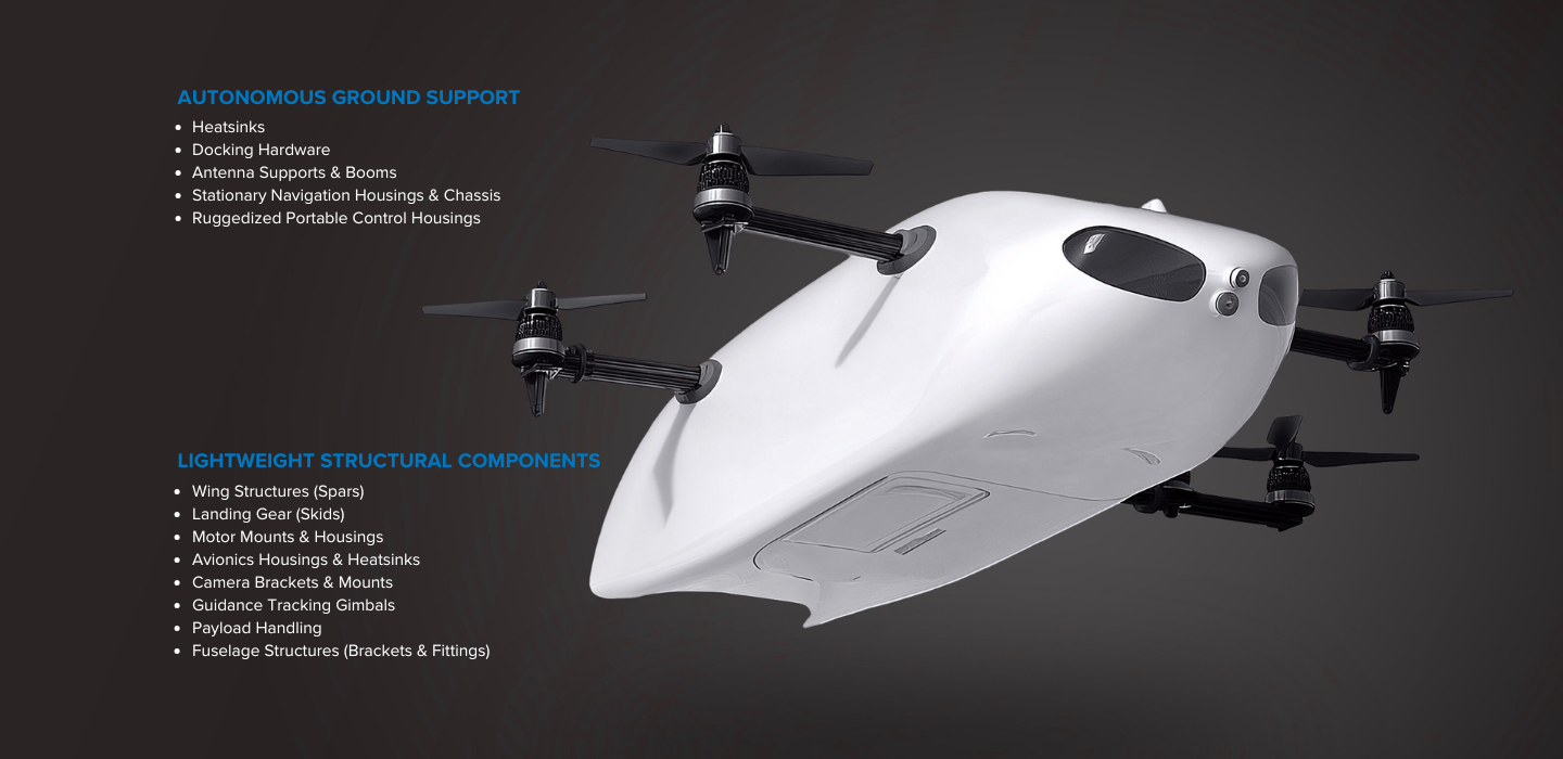 Large autonomous drone system with text that outlines parts that can be die casted